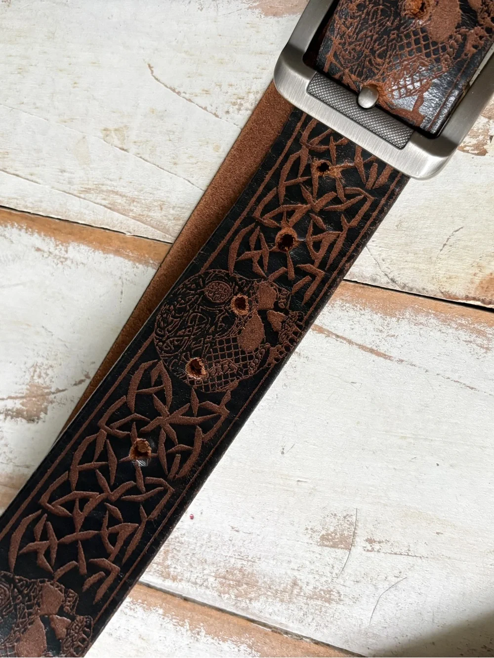 Unique brown black tooled leather belt Celtic knots skulls biker goth men’s 48